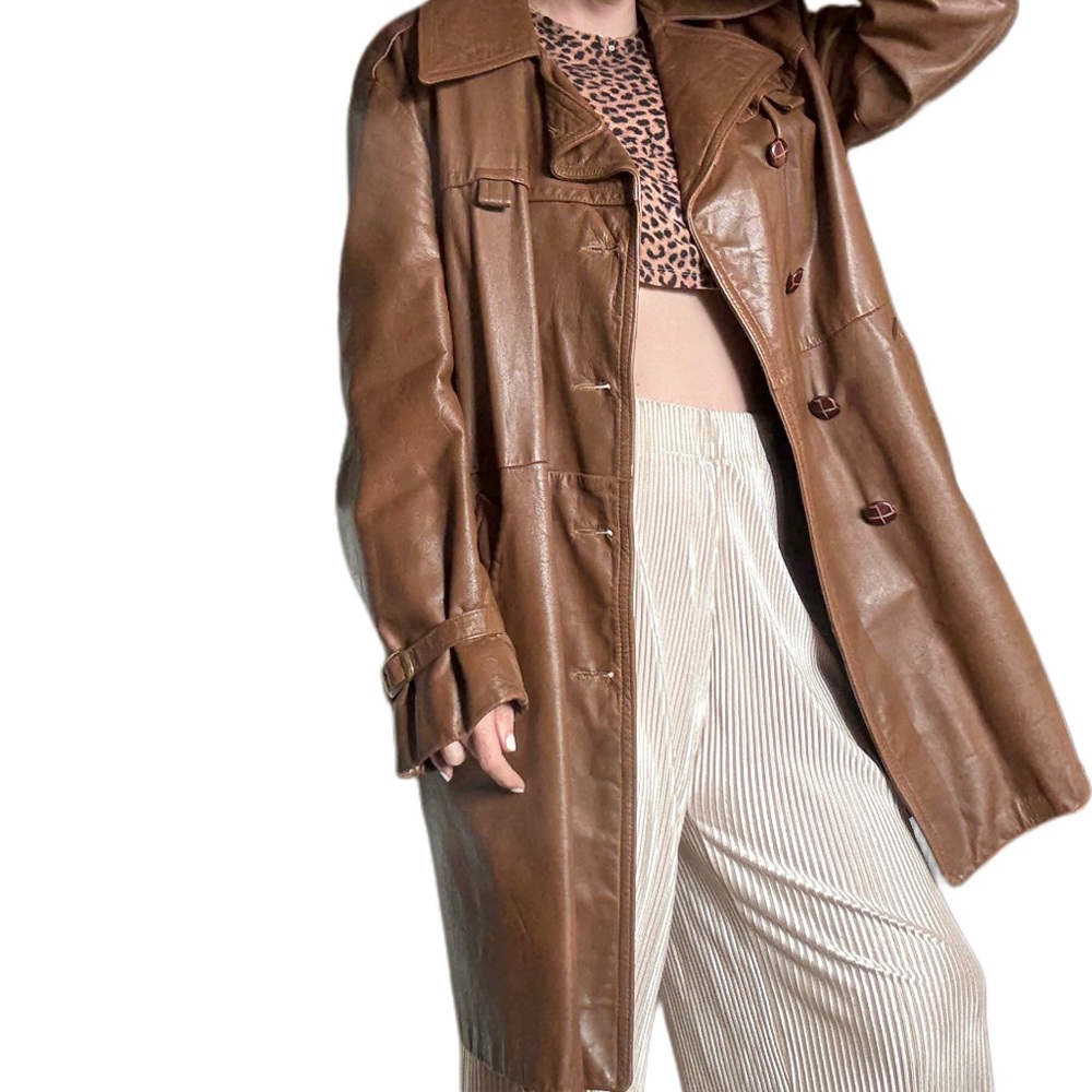 Vintage 90s Dark Brown/Tan Leather  Full Trench Coat  Unisex Oversized
